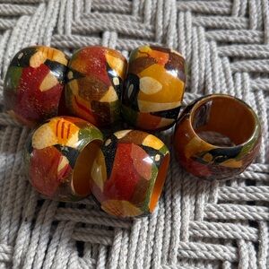 Vintage Abstract Lacquered Napkin Rings Set of 6 Boho Table Decor